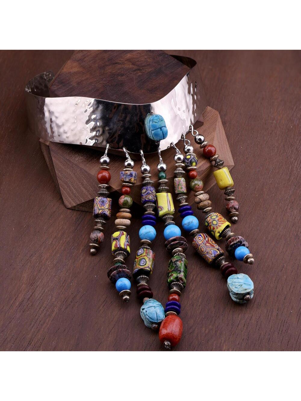 Vintage Artisan Egyptian Carved Scarab African Trade Bead Boho Hammered Chocker